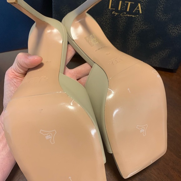 NIB Lita By Ciara /Revolve Square Toe Slide Heel Sandal Size 42/11 Tan 4” Heel - Picture 8 of 11